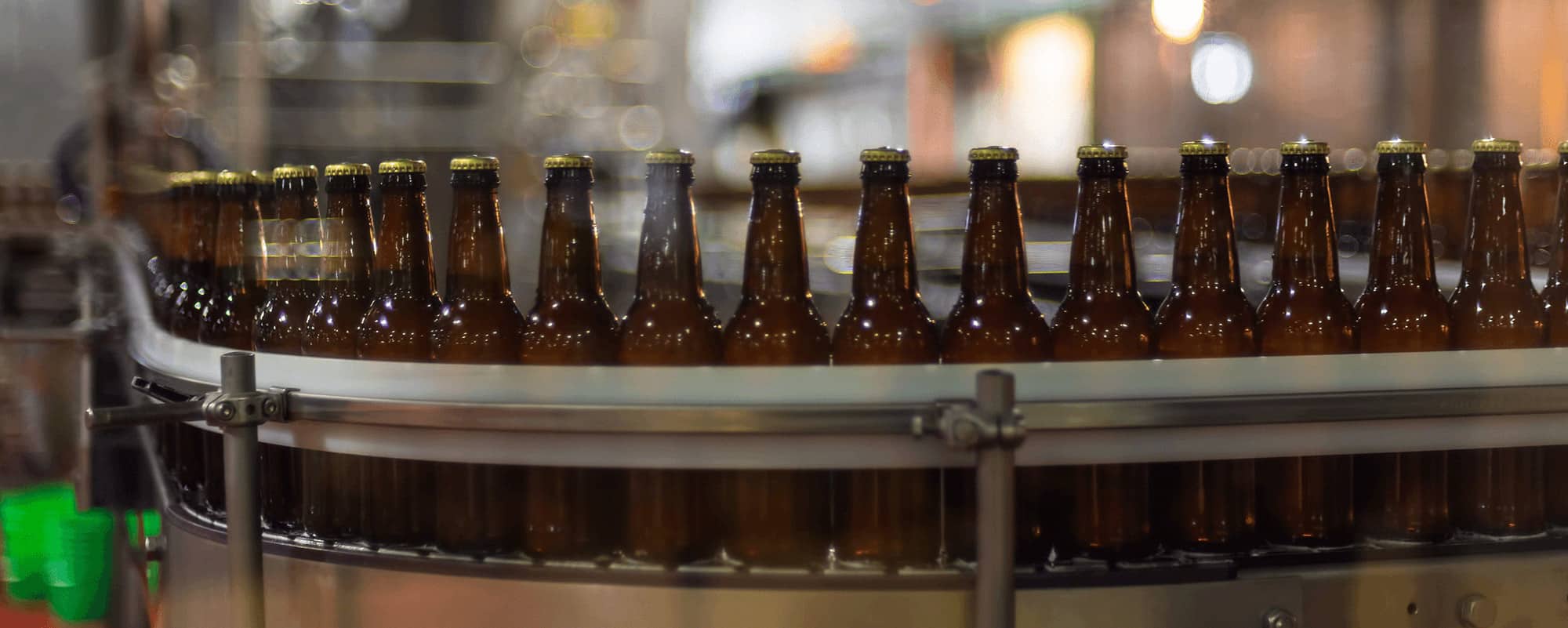 Bottles of beer on a bottling line