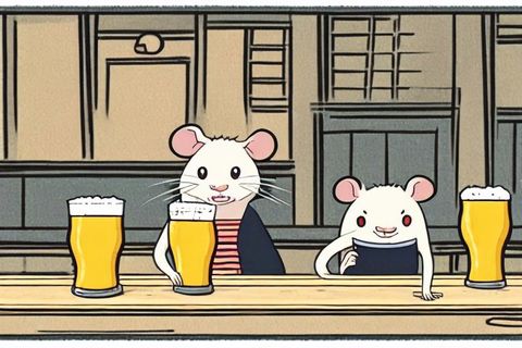 Two mice drinking beer at a bar